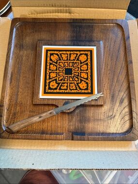 Wood Serving Tray with Decorative Orange Tile